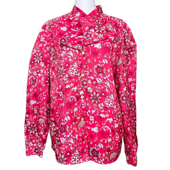 Vintage 60s Pink Floral Button Up Long Sleeve Dress Shirt with Neck Tie Size 14 - Picture 1 of 9